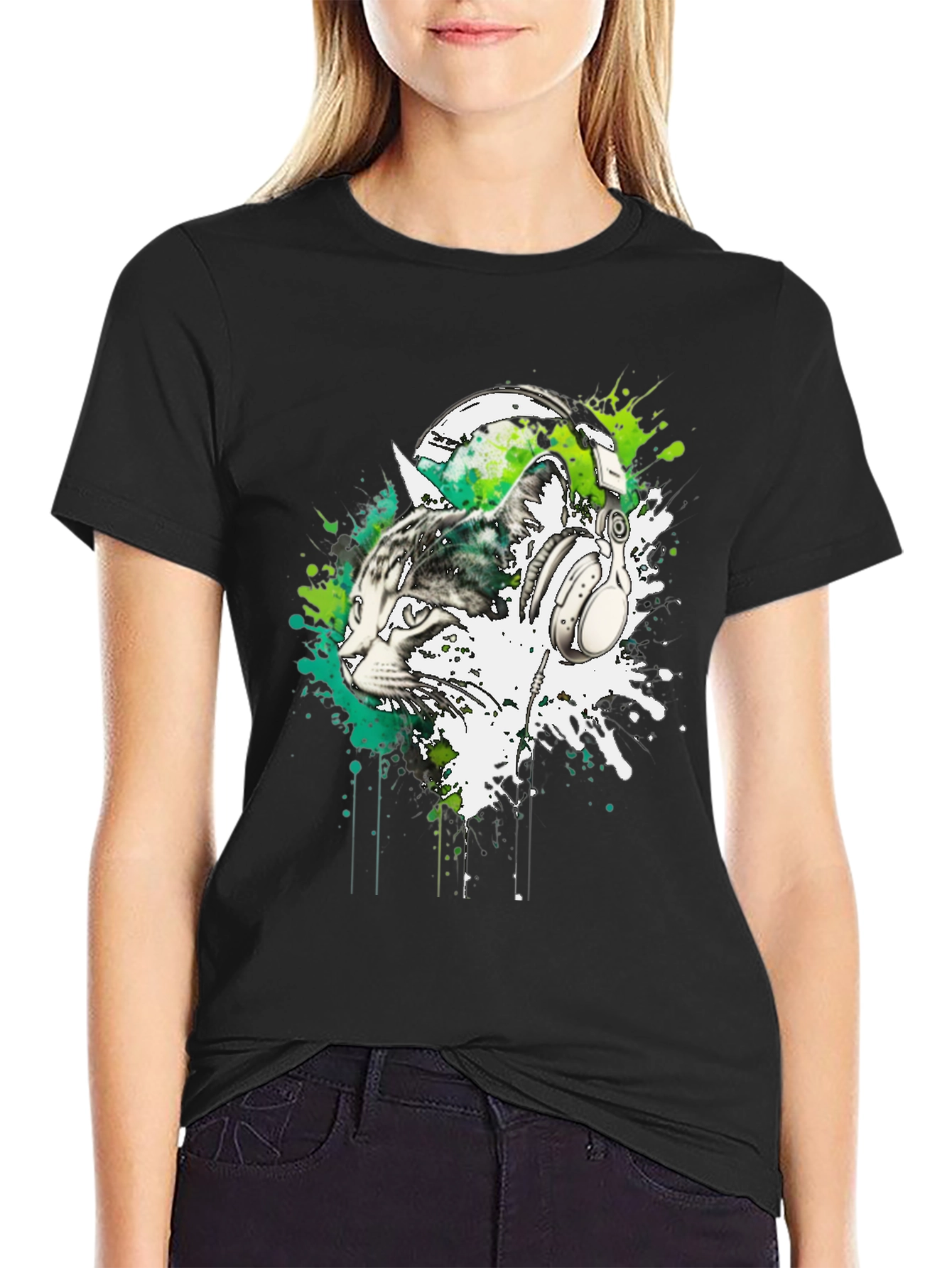 Cat DJ Graphic Tee - Black Cotton Blend