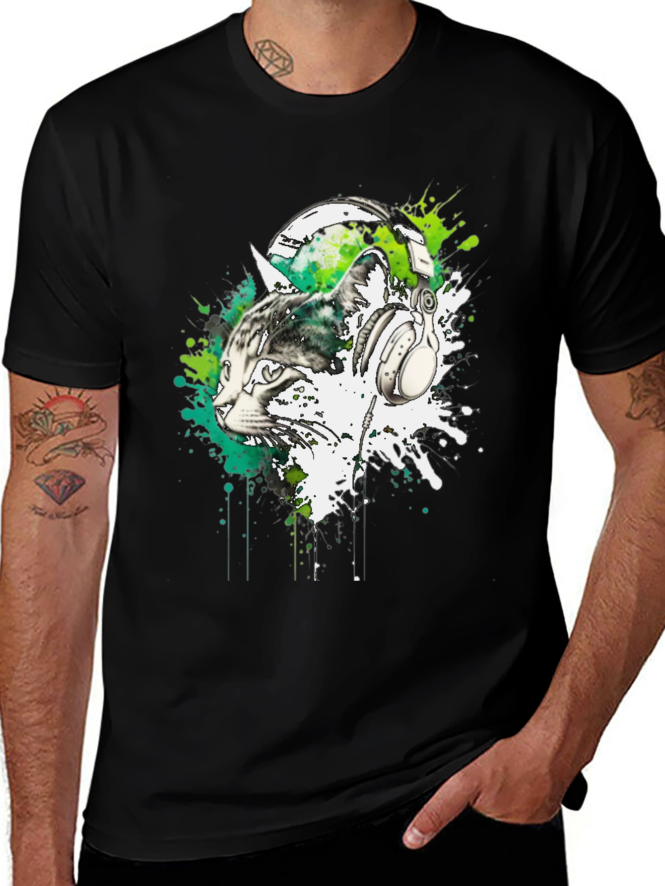 Cat DJ Graphic Tee - Black Cotton Blend