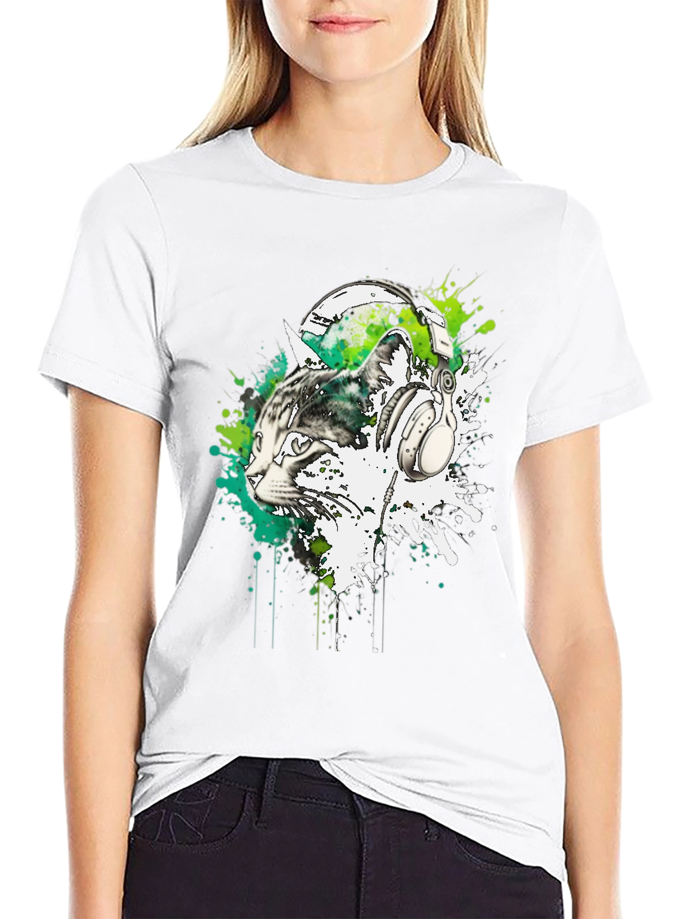 Cat DJ Graphic Tee - Black Cotton Blend