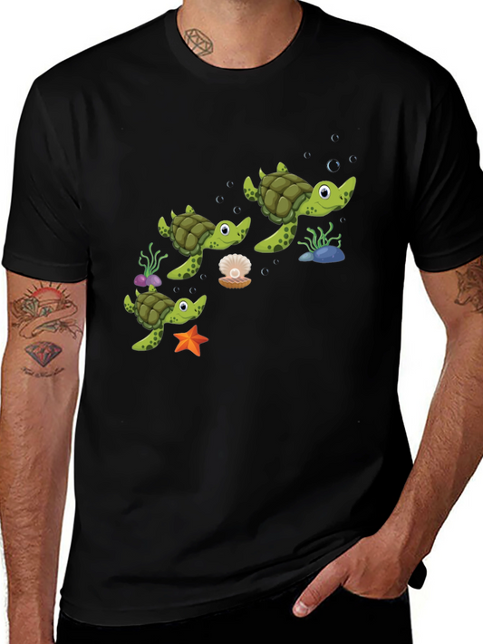 Cute Turtle Family Graphic Tee - Black Cotton T-Shirt