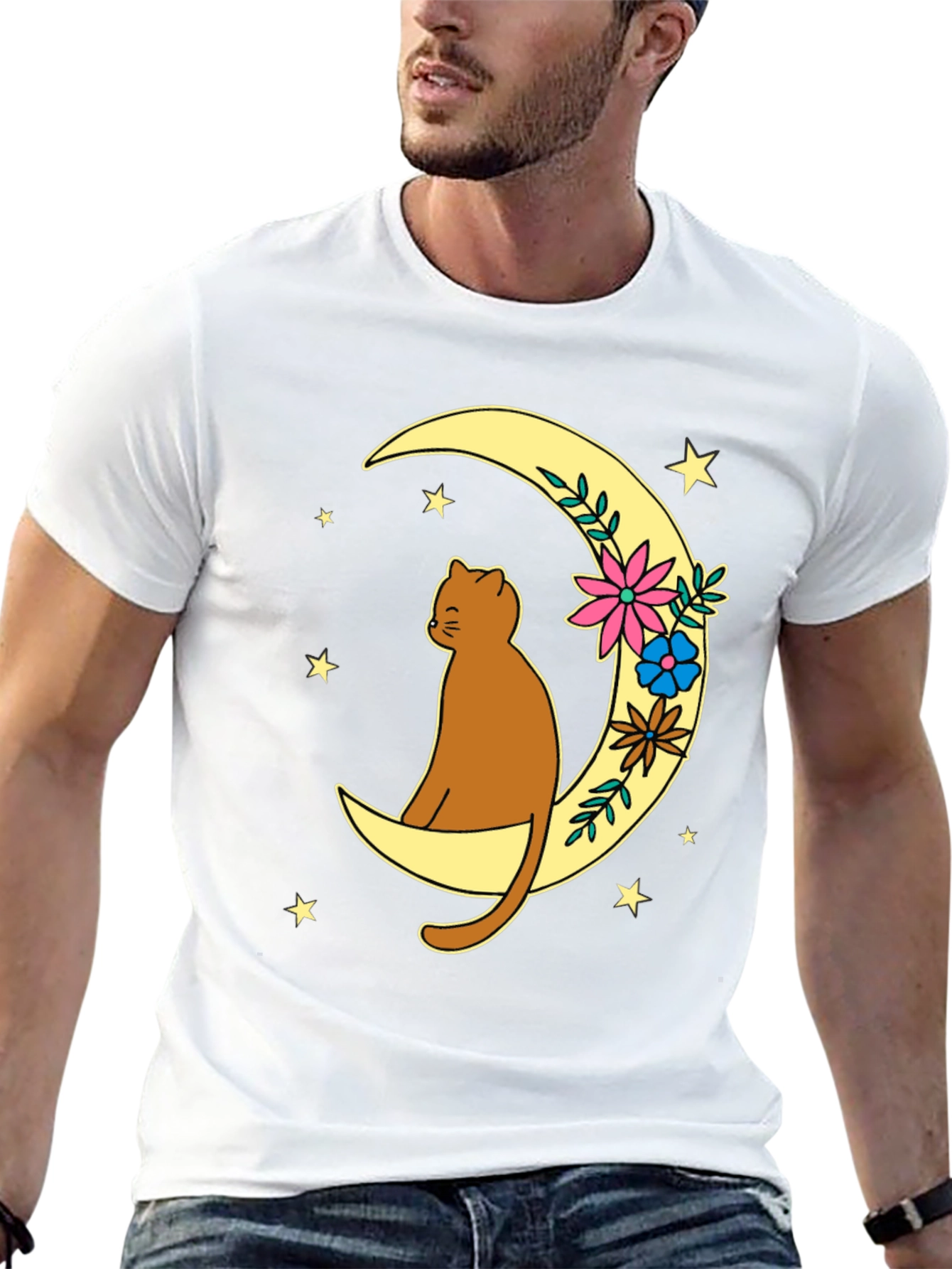 Cat on Moon Graphic Tee - Unisex Black T-Shirt