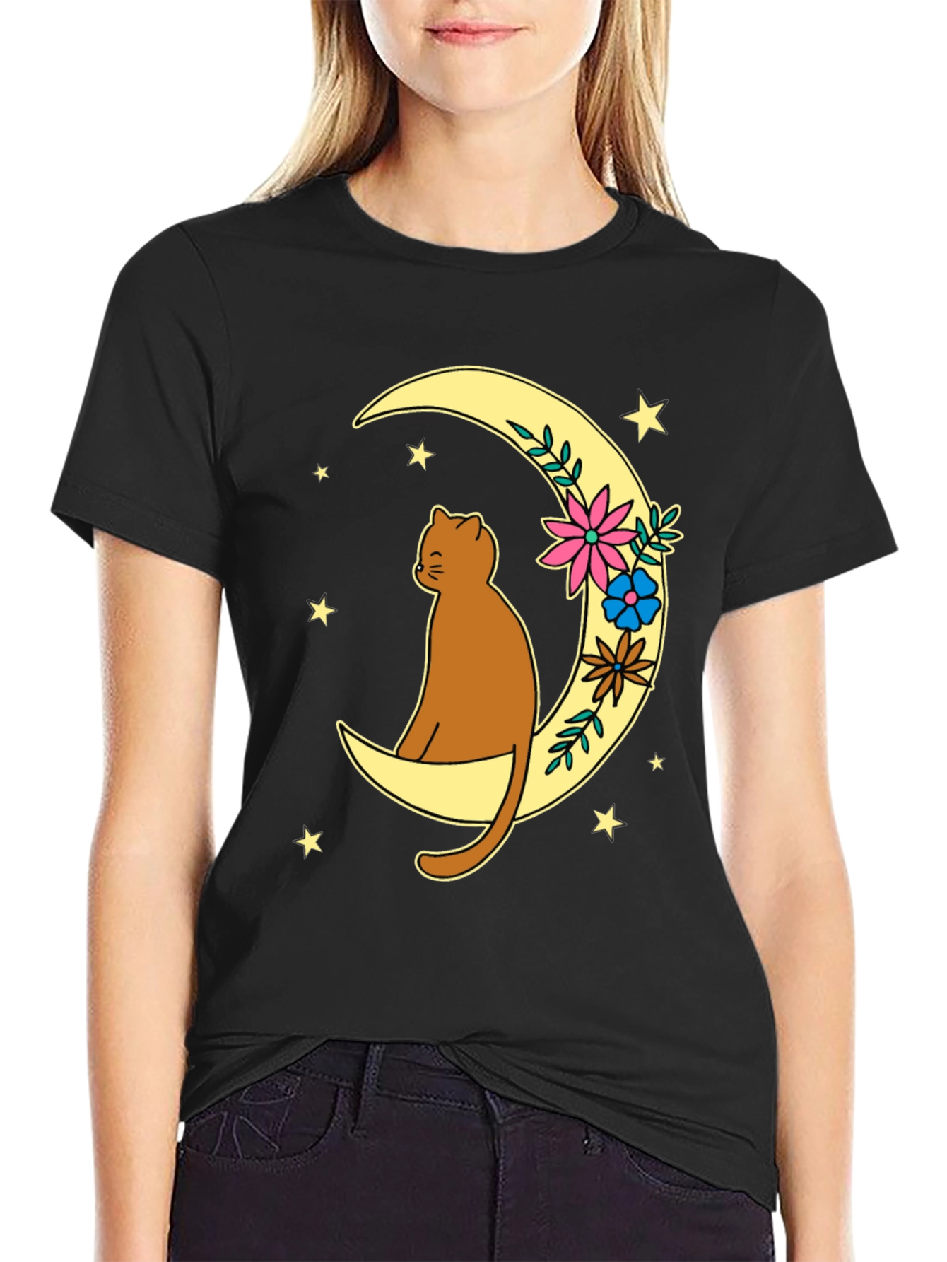 Cat on Moon Graphic Tee - Unisex Black T-Shirt
