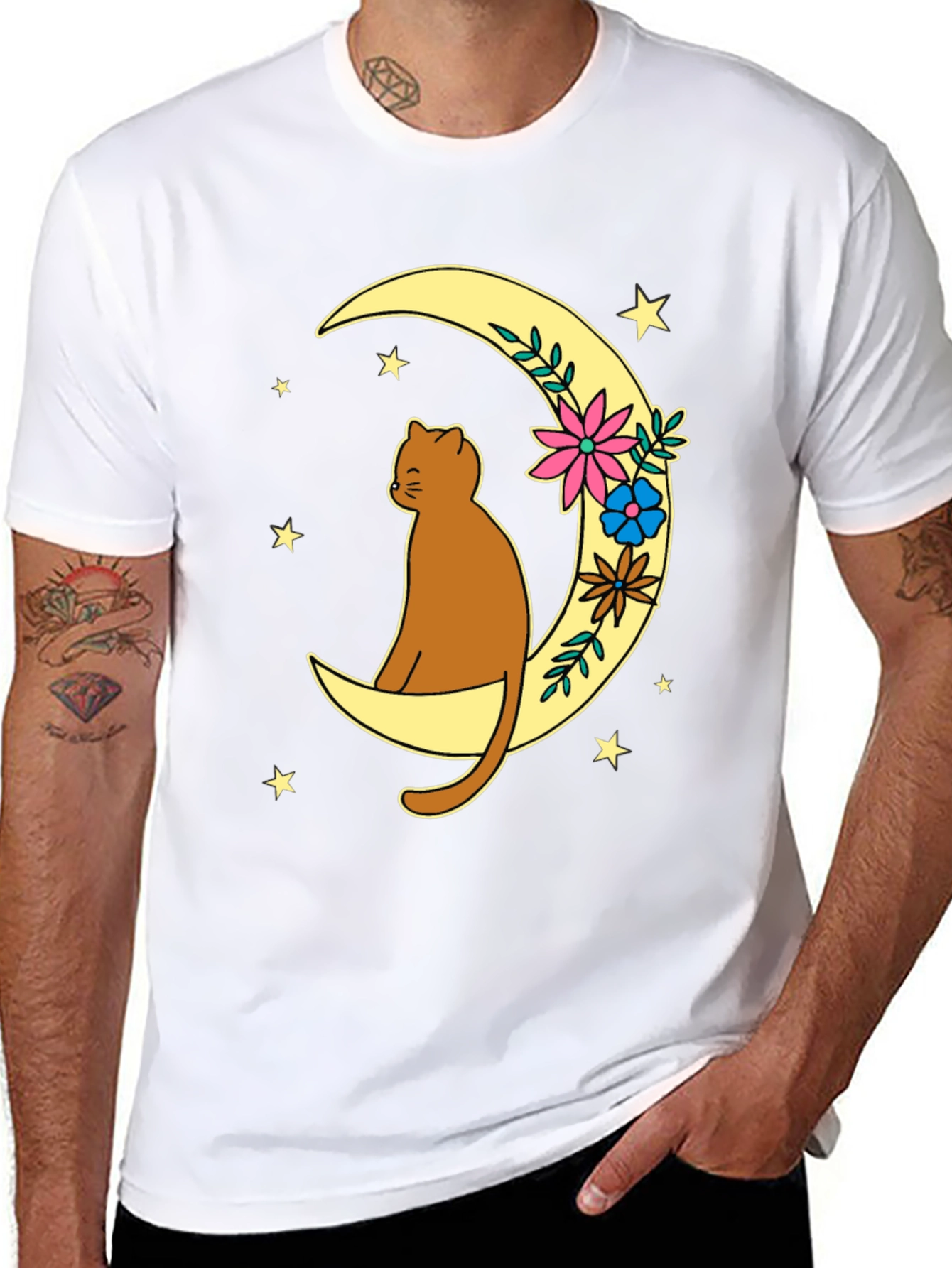 Cat on Moon Graphic Tee - Unisex Black T-Shirt