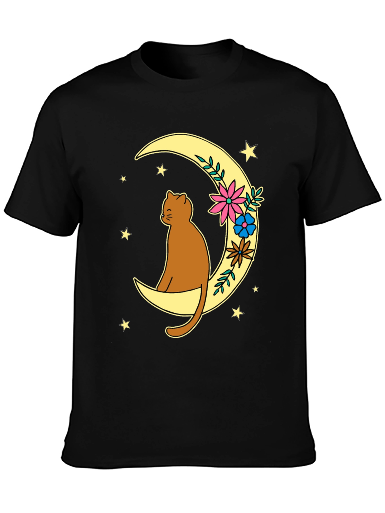 Cat on Moon Graphic Tee - Unisex Black T-Shirt