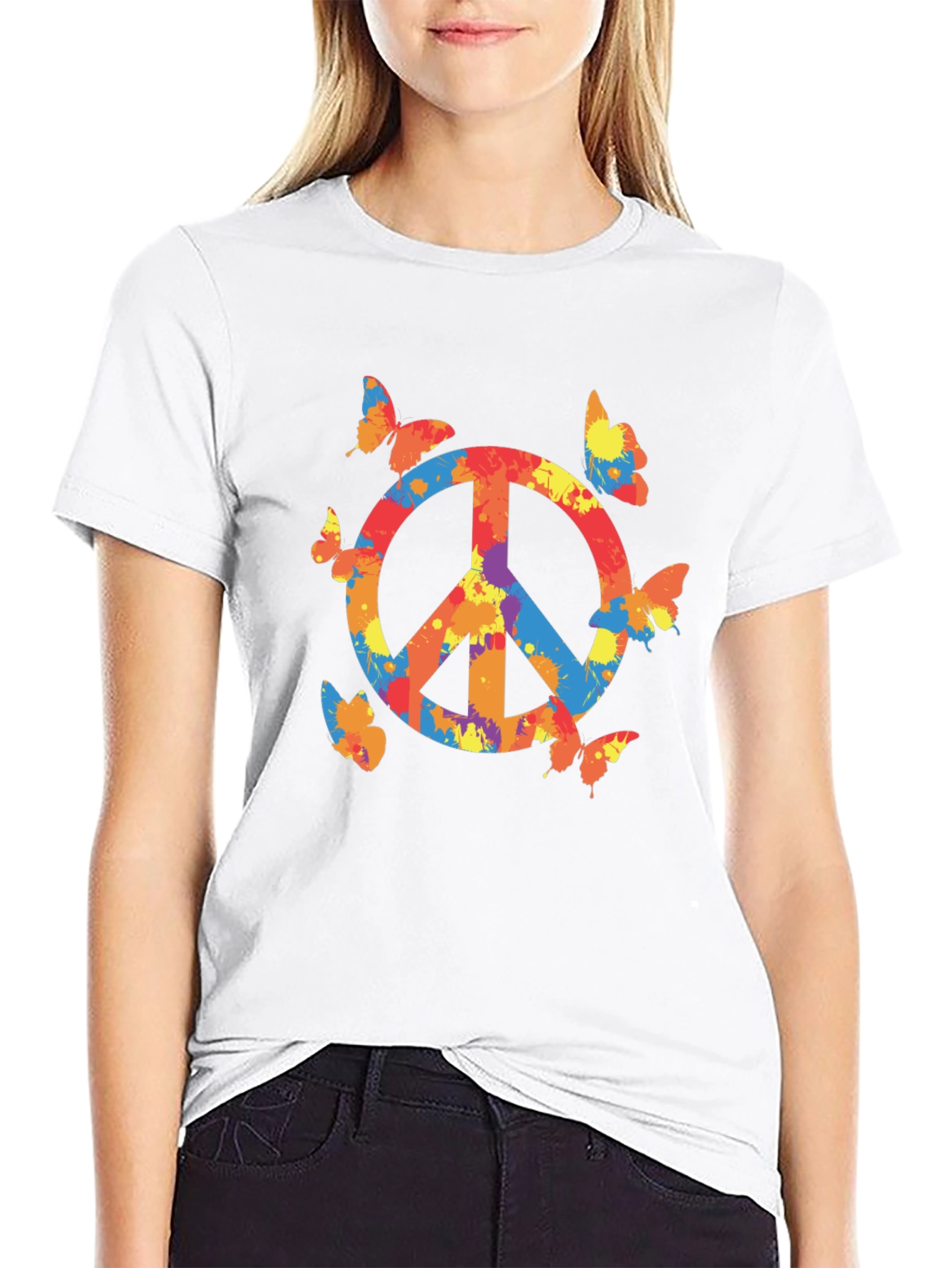 Peace Sign Butterfly Graphic Tee - Black Casual T-Shirt