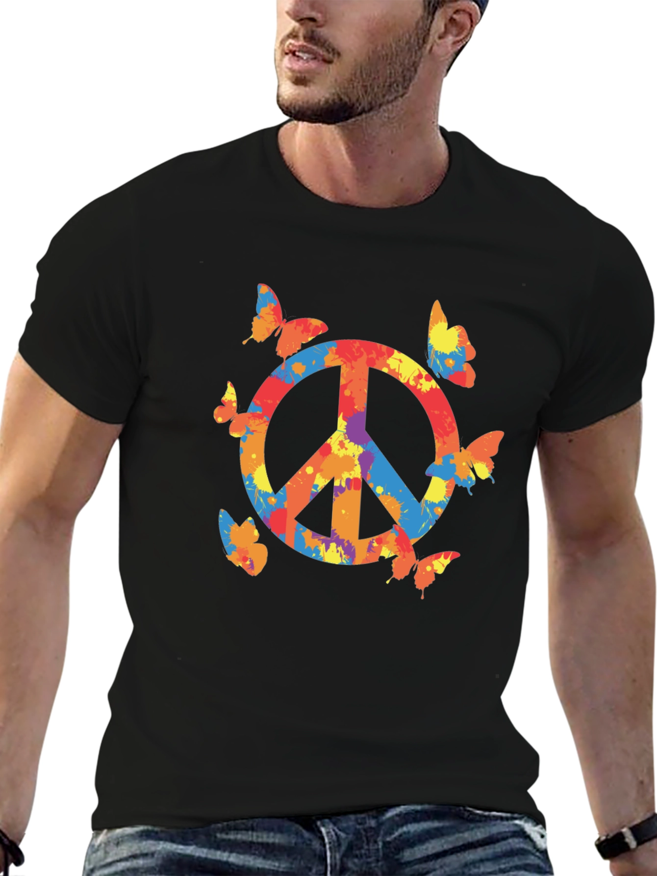 Peace Sign Butterfly Graphic Tee - Black Casual T-Shirt