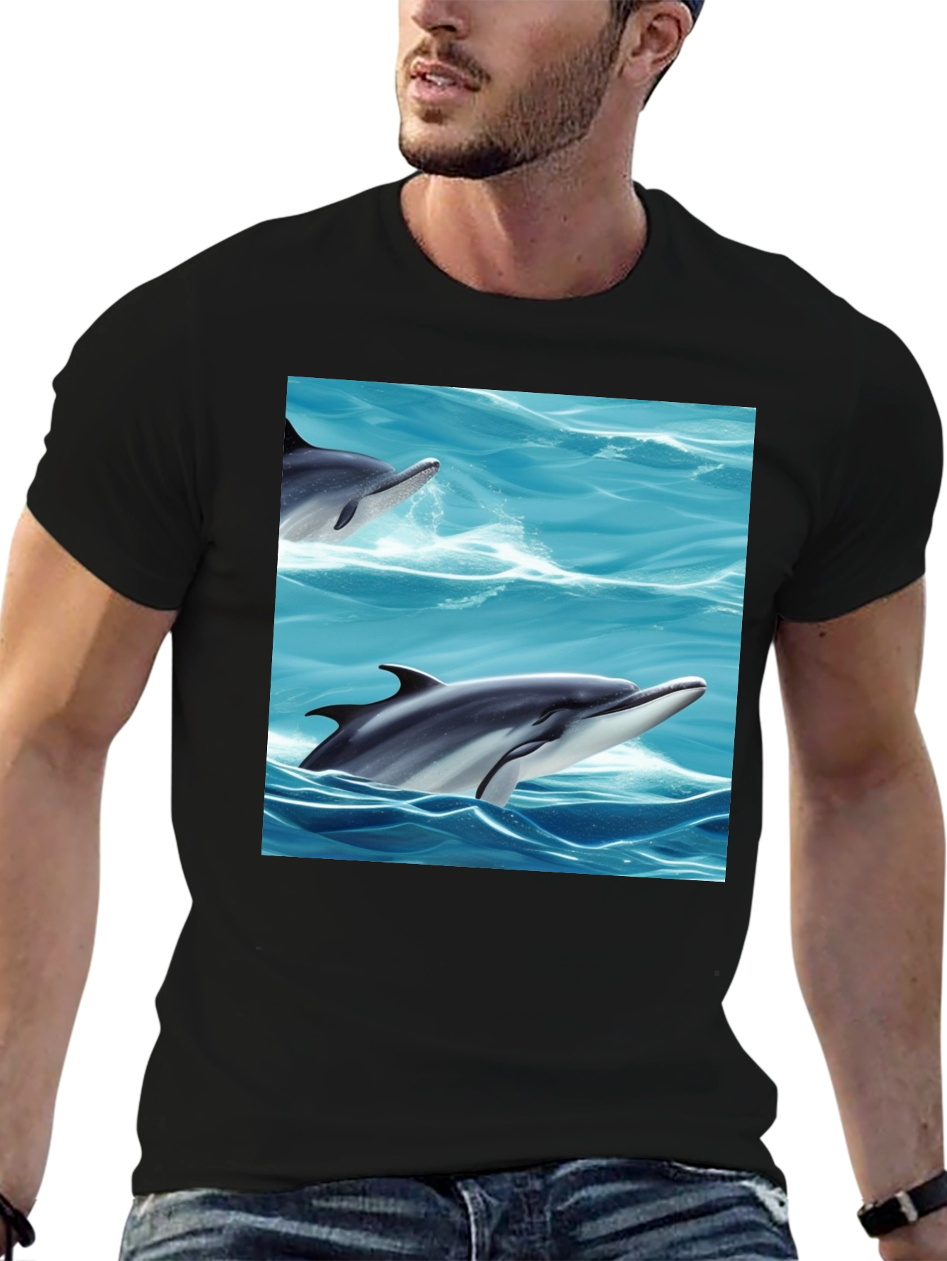 Dolphin Sea T-Shirt Black Cotton Animal Graphic Tee