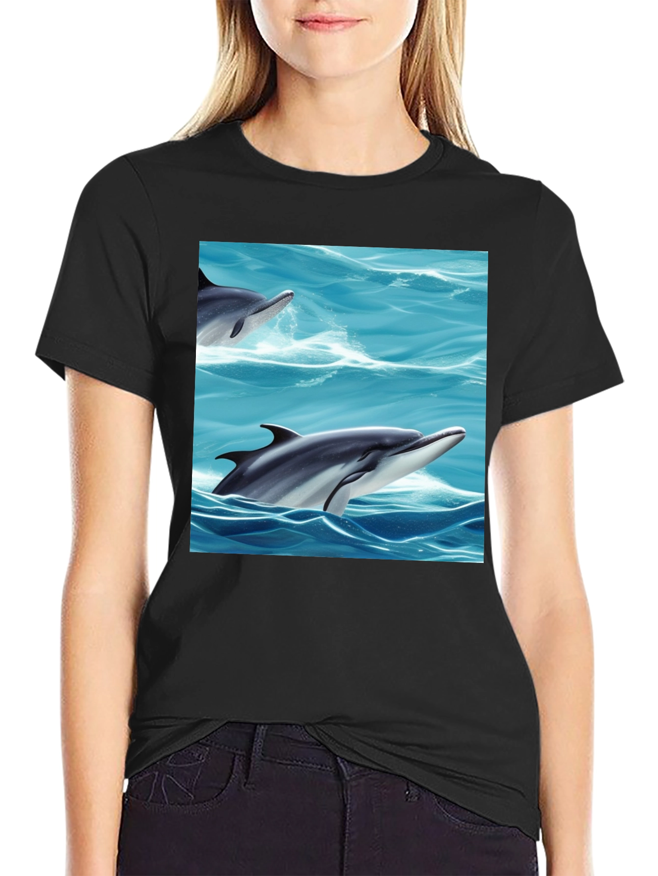 Dolphin Sea T-Shirt Black Cotton Animal Graphic Tee