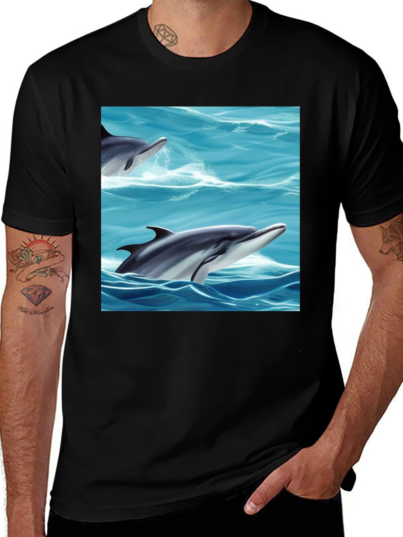 Dolphin Sea T-Shirt Black Cotton Animal Graphic Tee