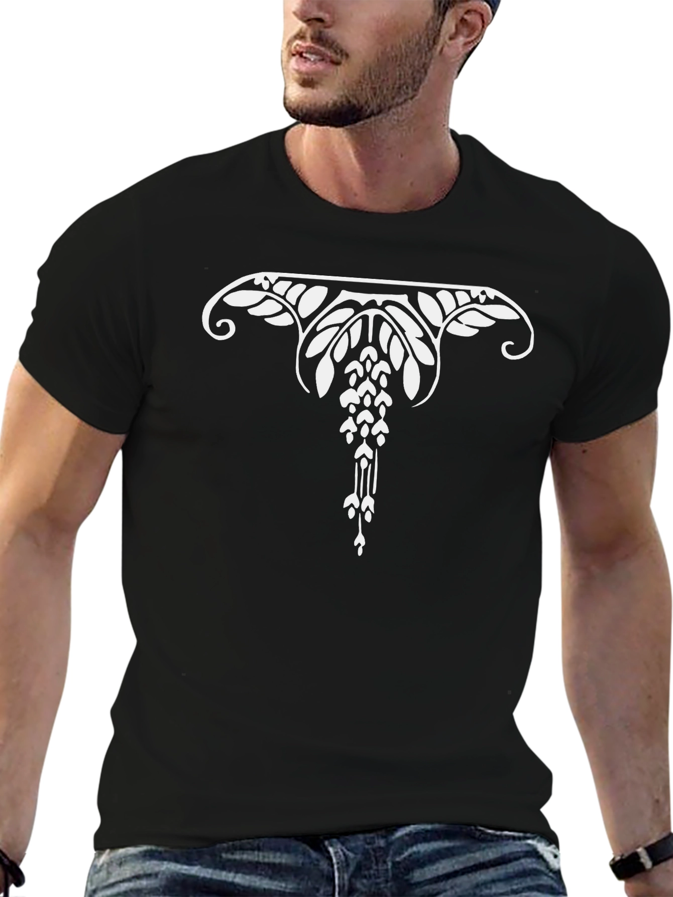 Elegant Art Nouveau Floral Graphic Tee - Black
