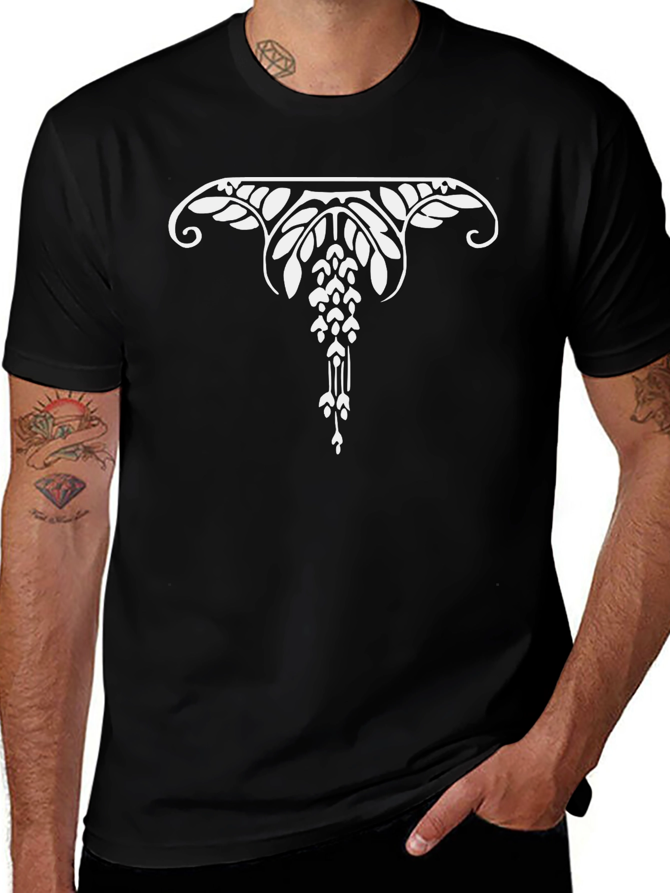 Elegant Art Nouveau Floral Graphic Tee - Black
