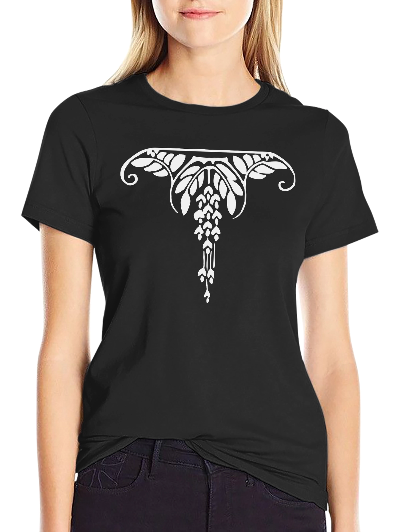 Elegant Art Nouveau Floral Graphic Tee - Black