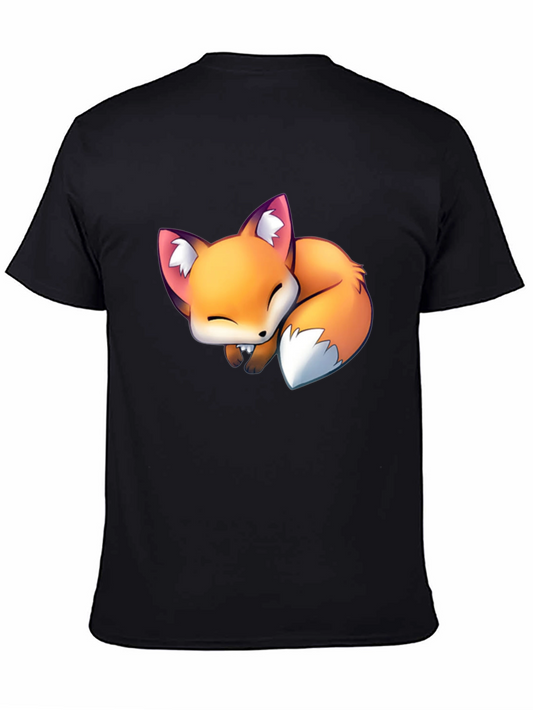 Cute Sleeping Fox Graphic Tee - Black Casual T-Shirt