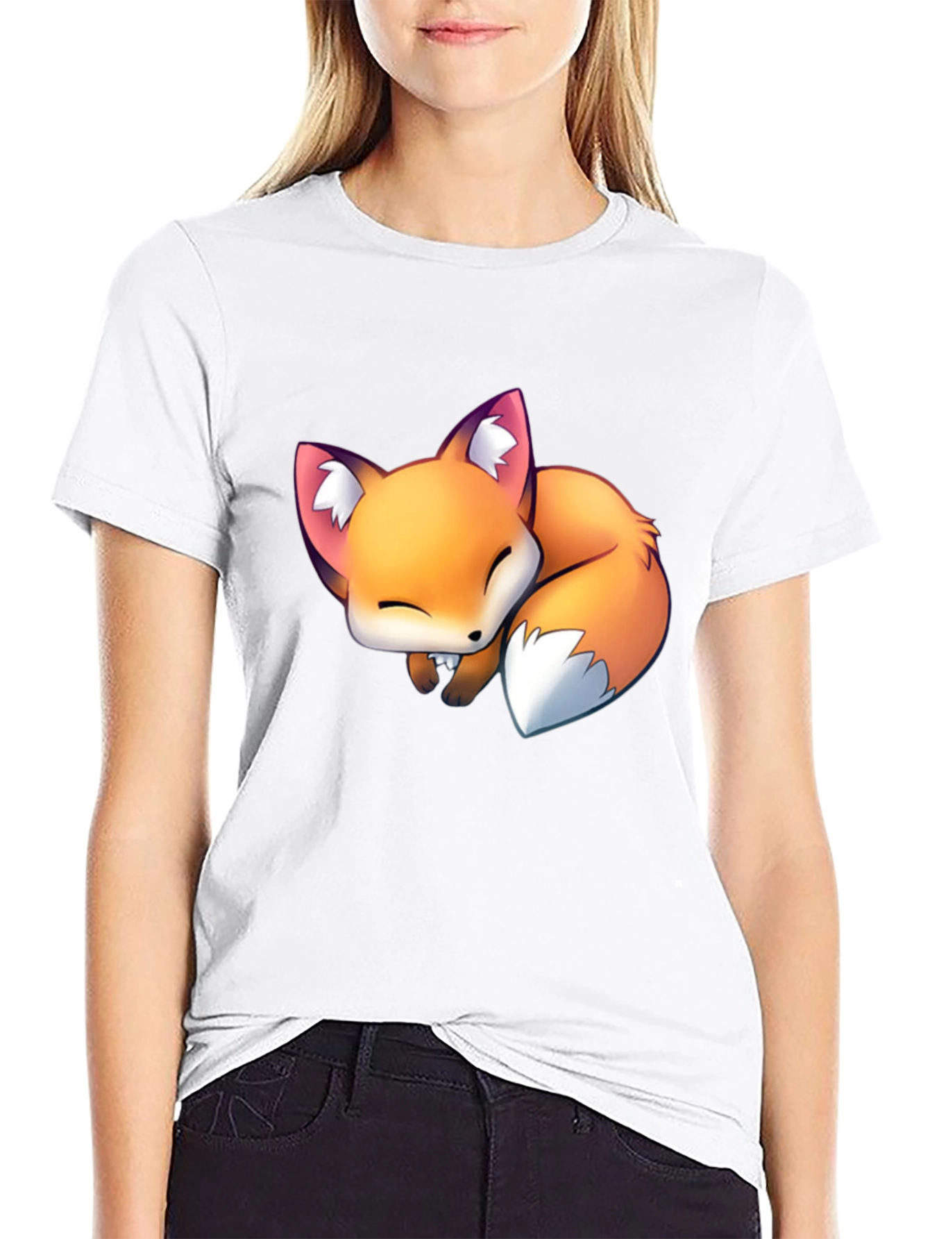 Cute Sleeping Fox Graphic Tee - Black Casual T-Shirt