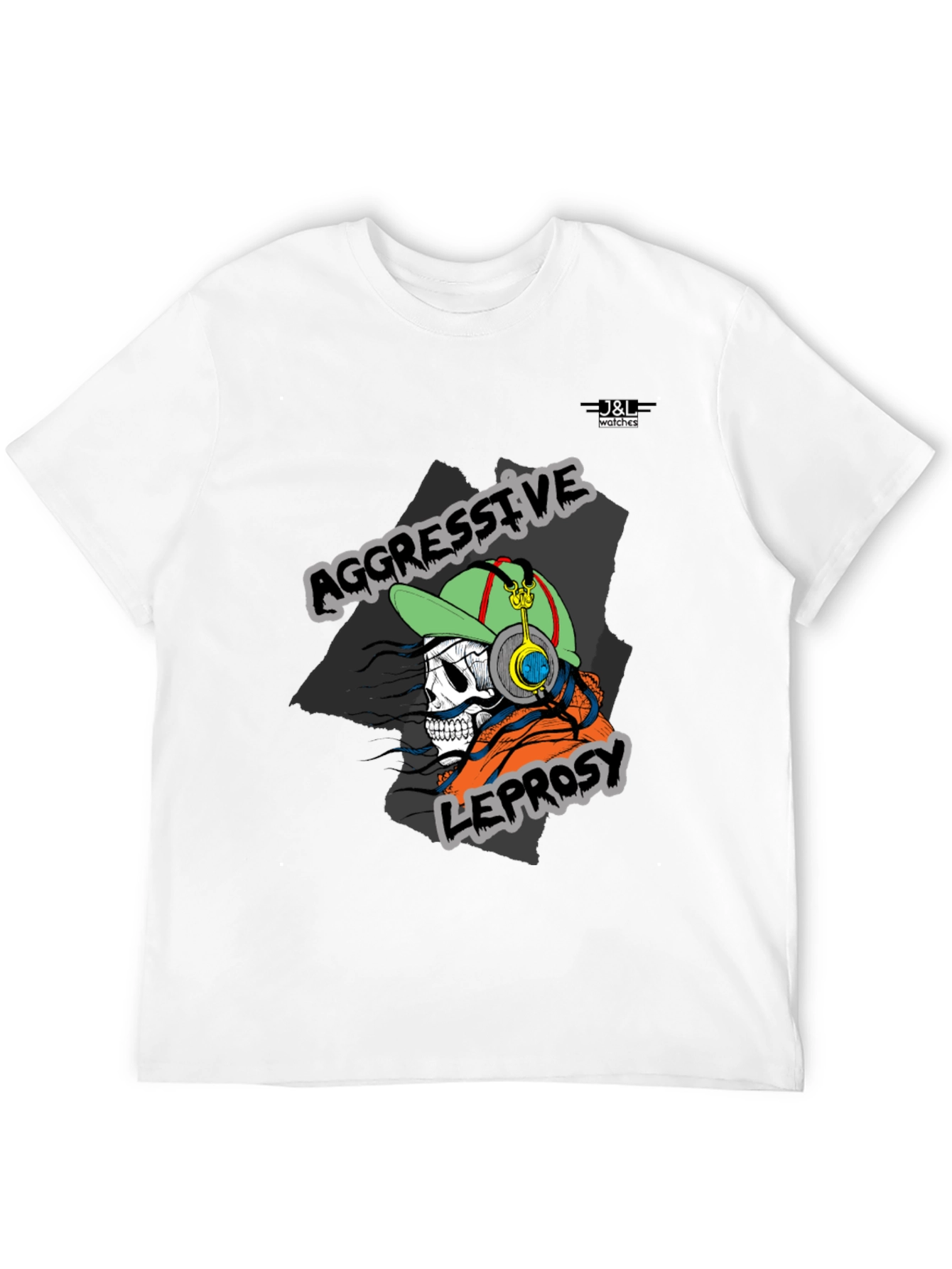 Aggressive Leprosy Graphic Tee - Skull with Headphones