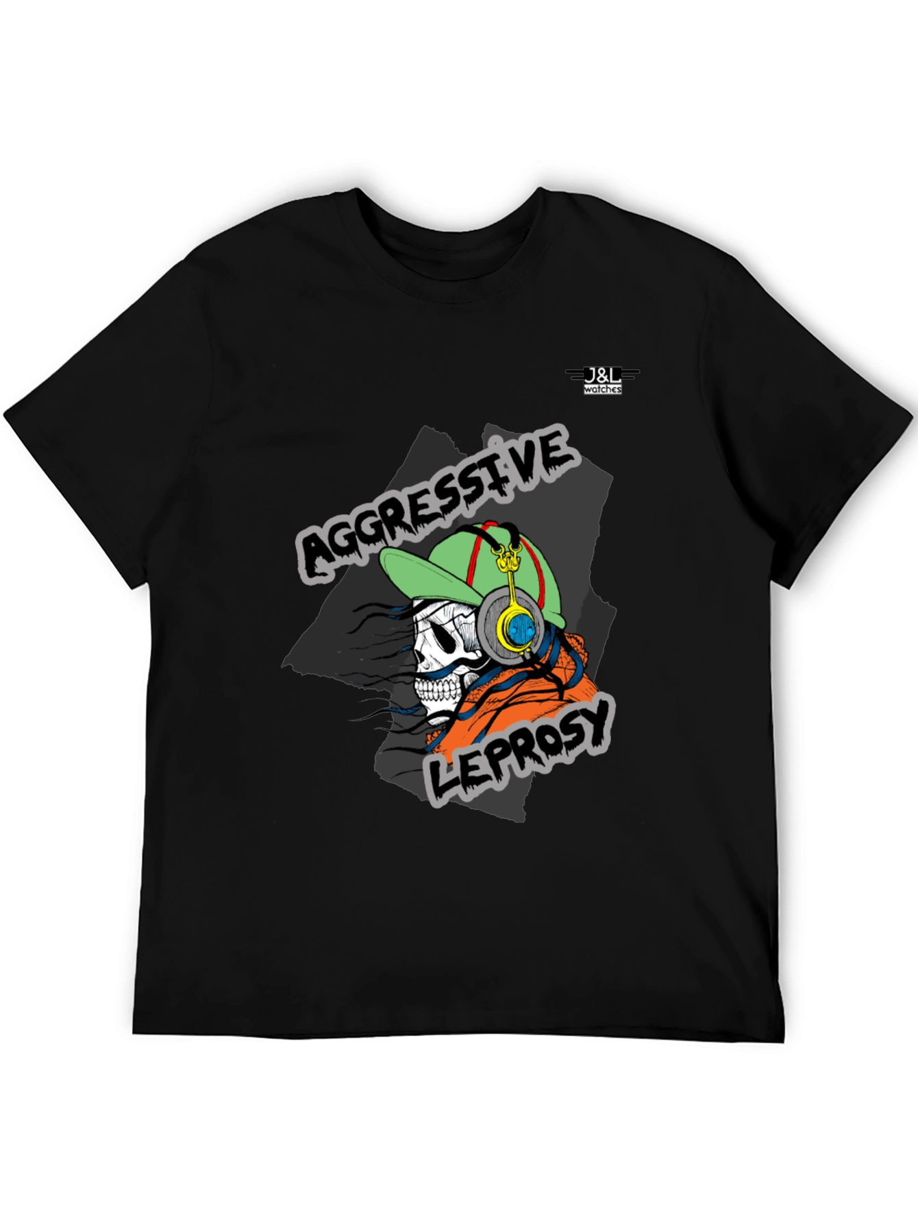 Aggressive Leprosy Graphic Tee - Skull with Headphones