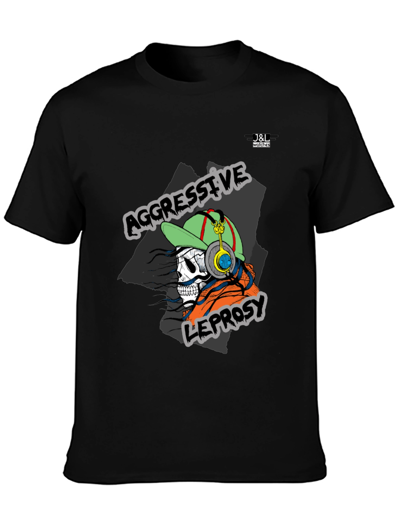 Aggressive Leprosy Graphic Tee - Skull with Headphones