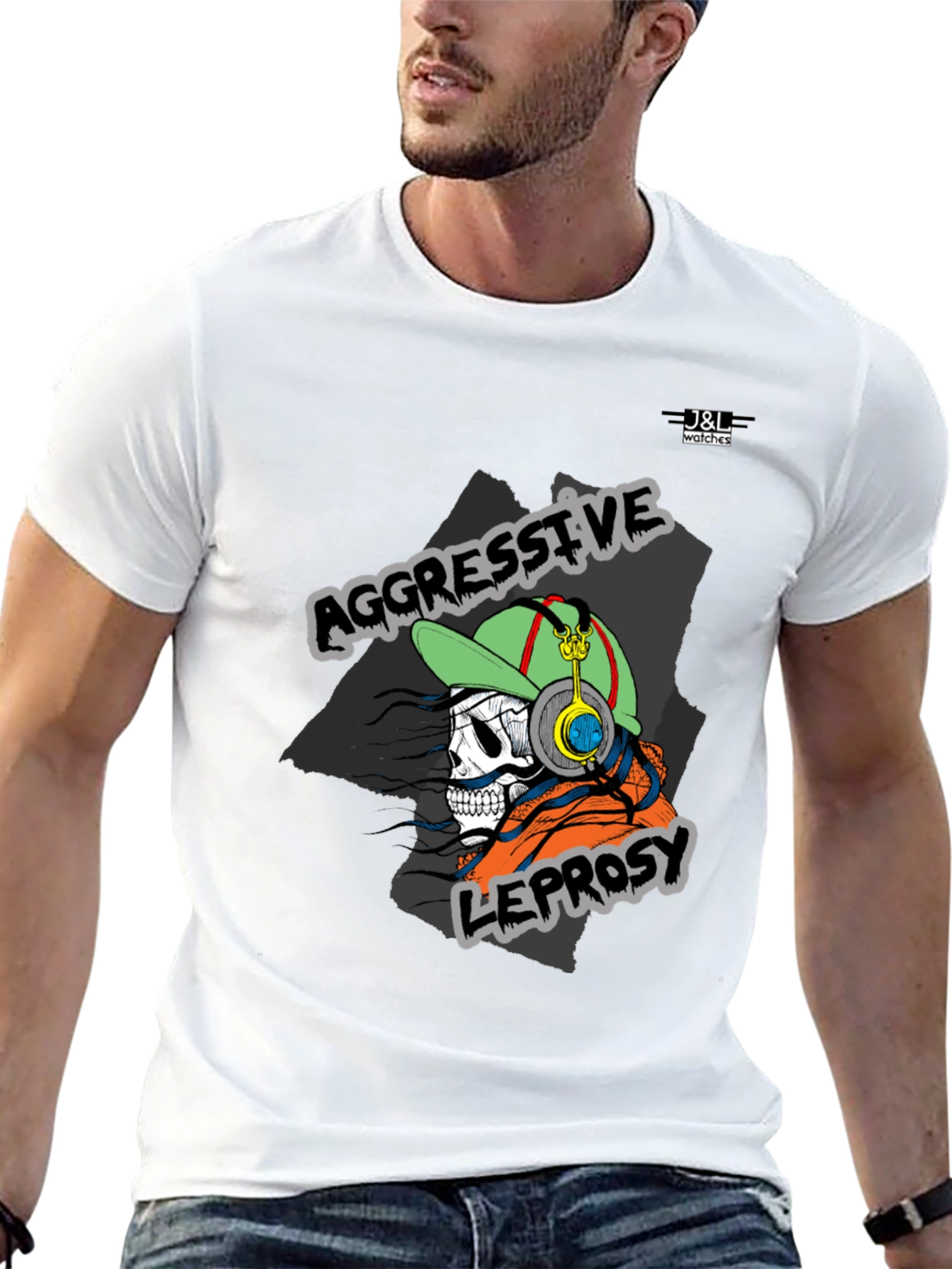 Aggressive Leprosy Graphic Tee - Skull with Headphones