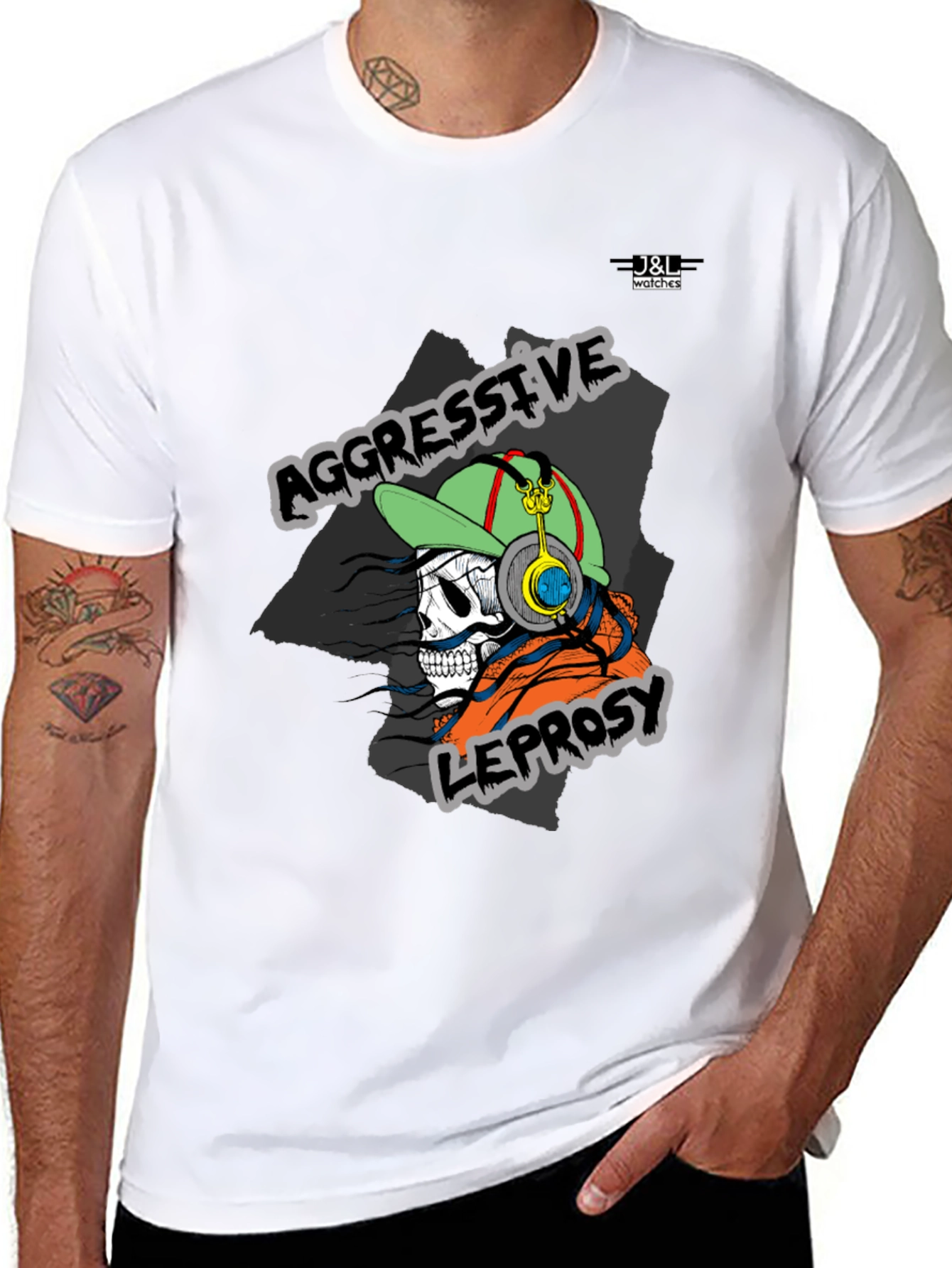 Aggressive Leprosy Graphic Tee - Skull with Headphones
