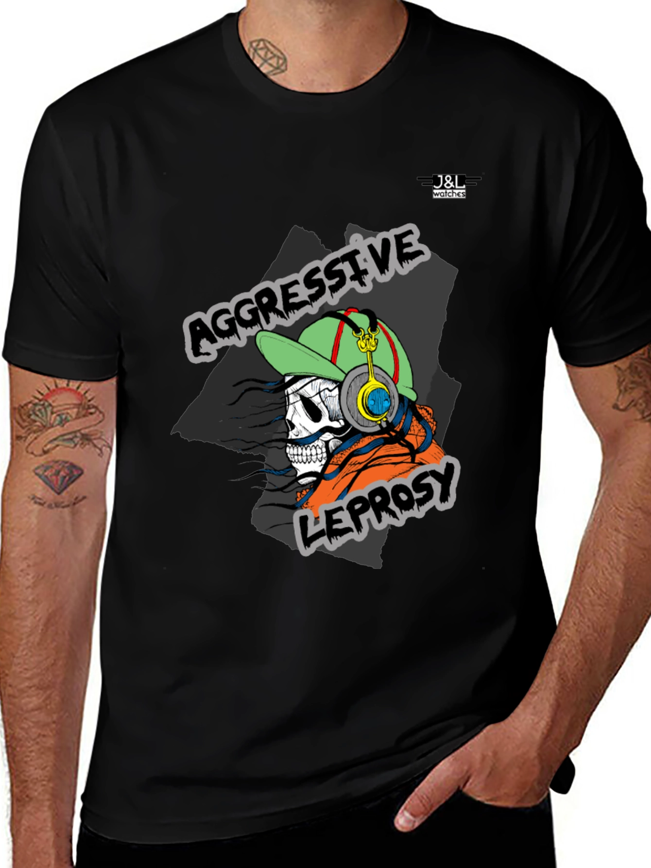 Aggressive Leprosy Graphic Tee - Skull with Headphones