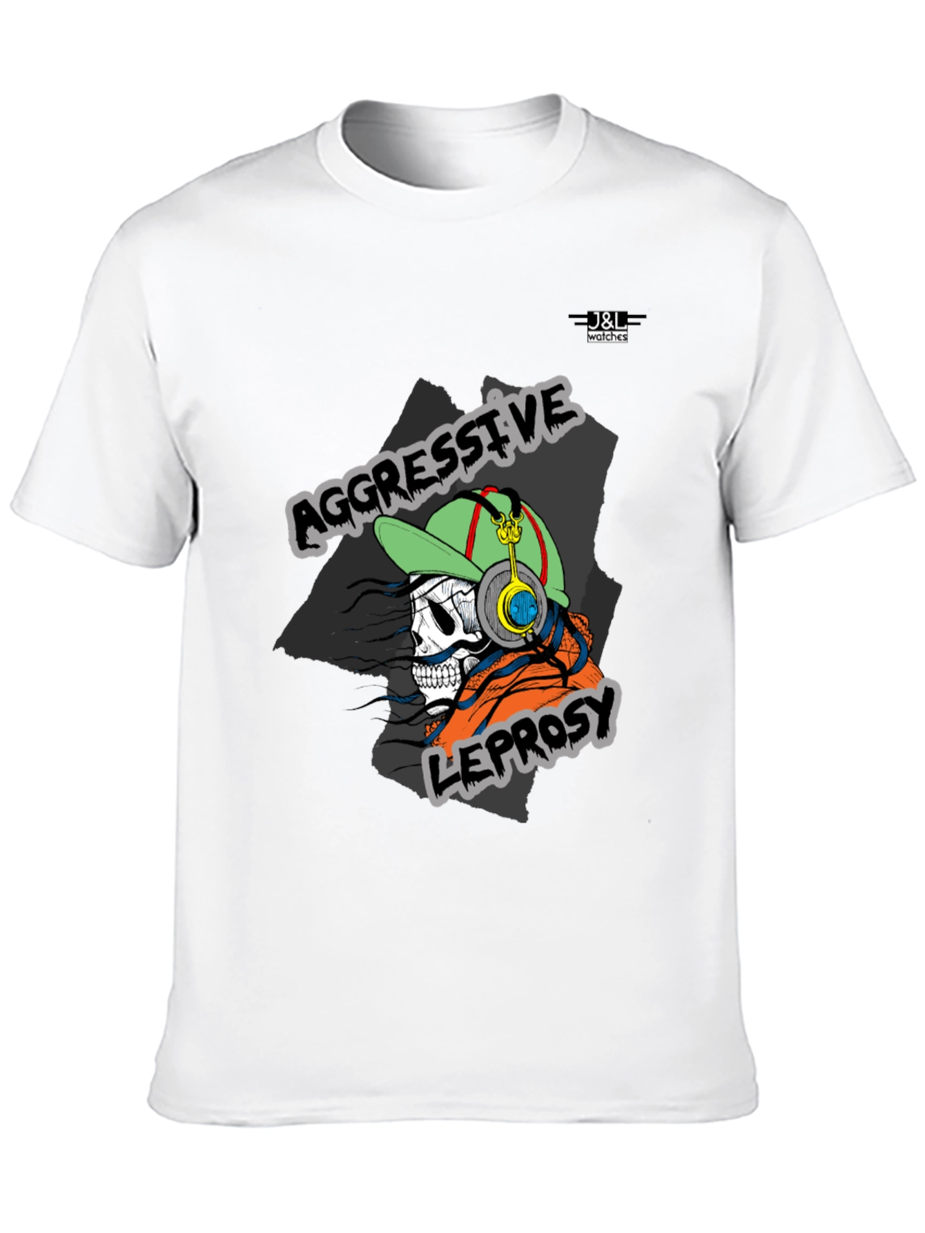 Aggressive Leprosy Graphic Tee - Skull with Headphones