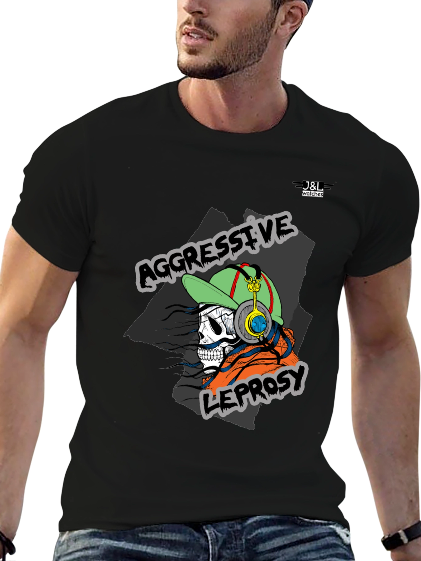 Aggressive Leprosy Graphic Tee - Skull with Headphones