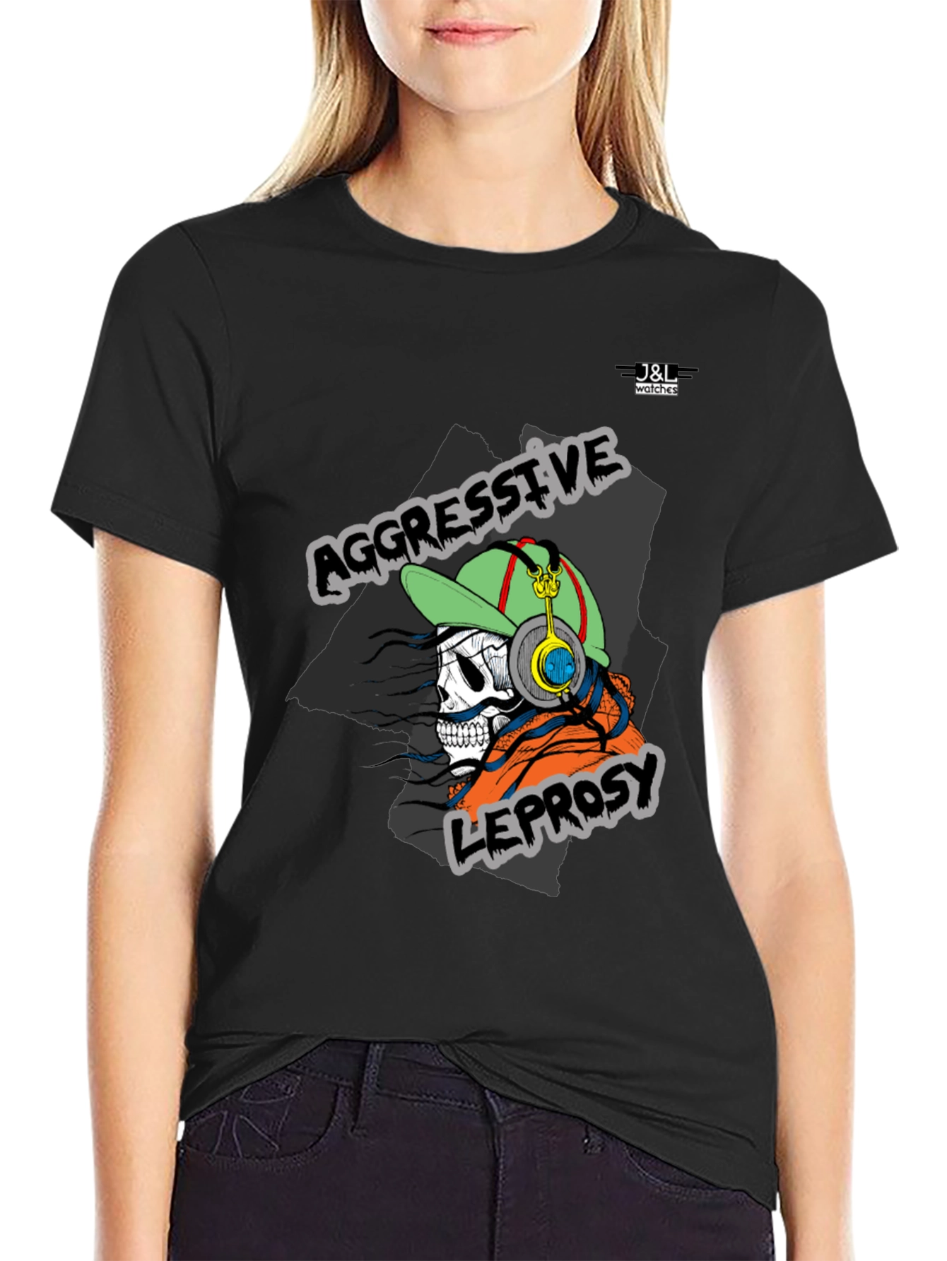 Aggressive Leprosy Graphic Tee - Skull with Headphones