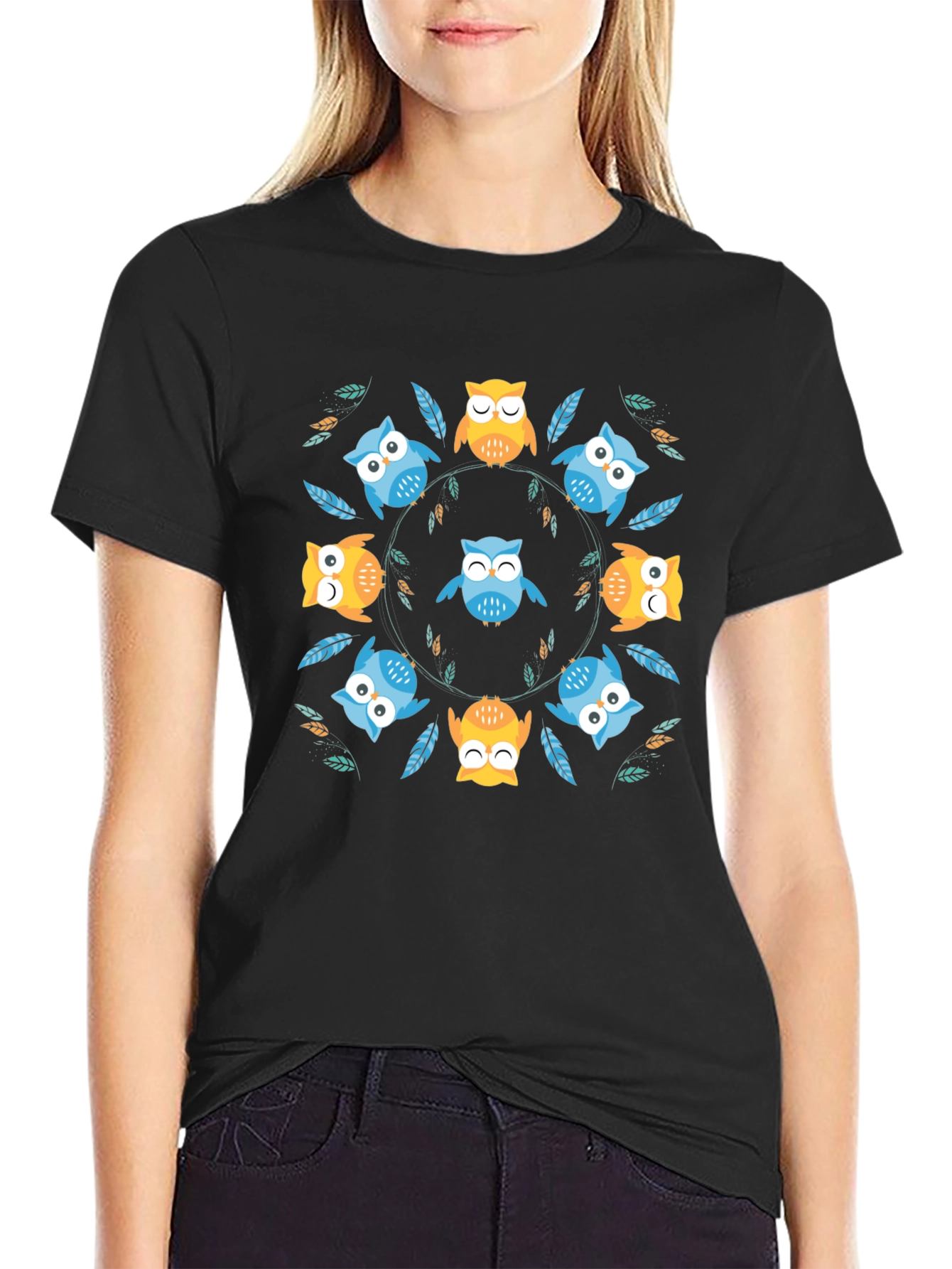 Cute Owl Circle Print Black T-Shirt