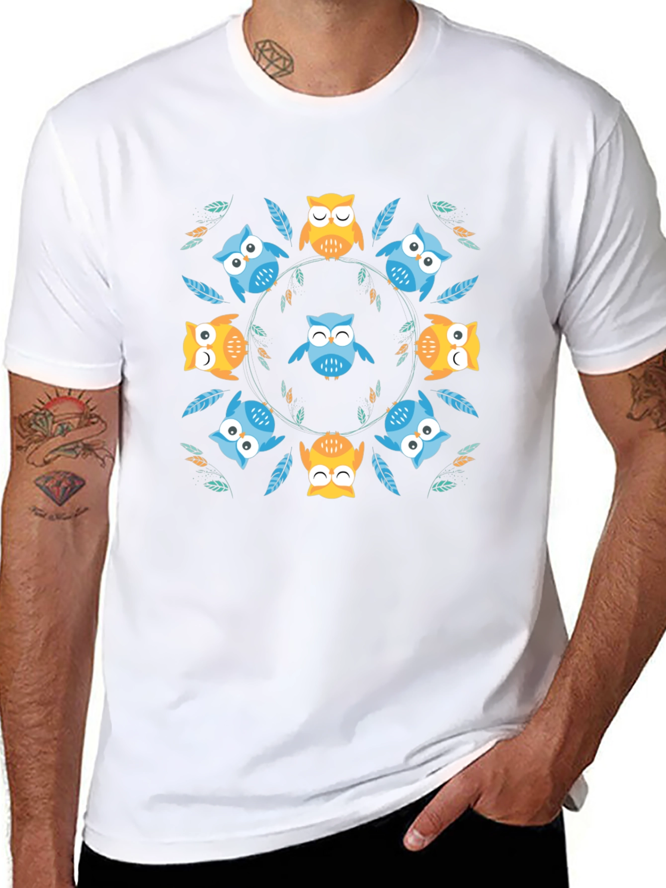 Cute Owl Circle Print Black T-Shirt