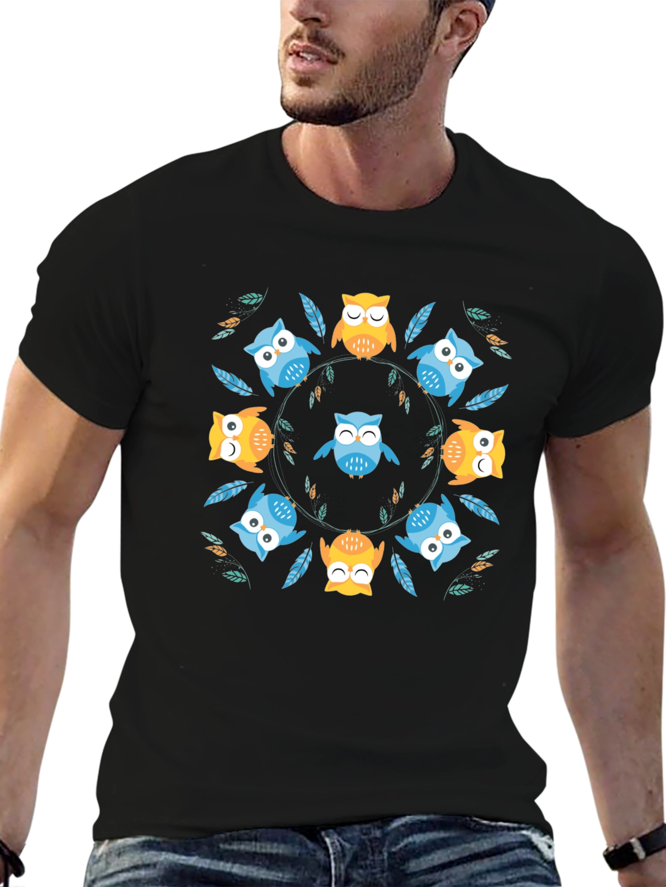 Cute Owl Circle Print Black T-Shirt