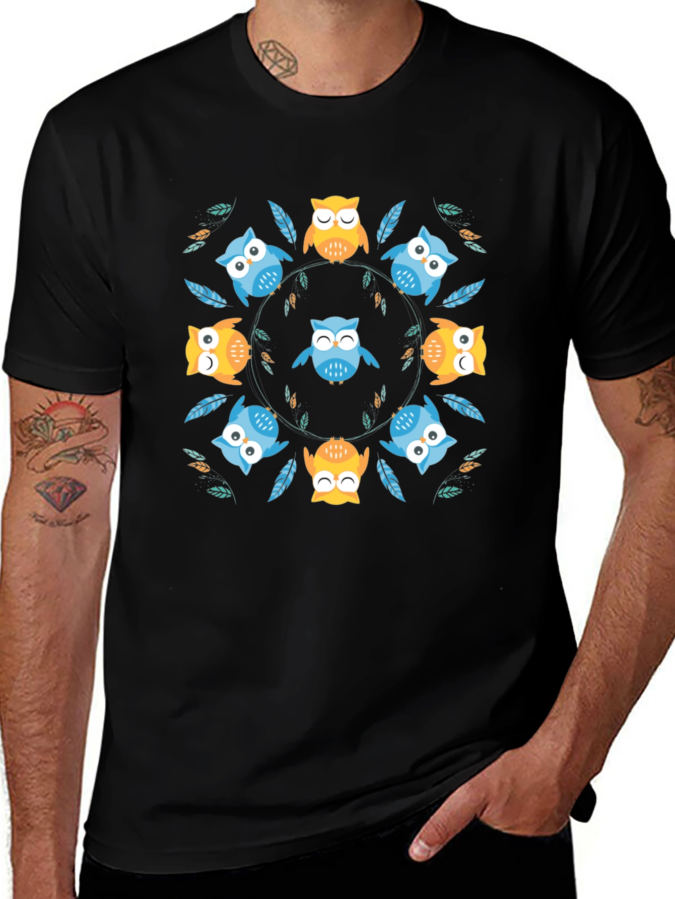 Cute Owl Circle Print Black T-Shirt