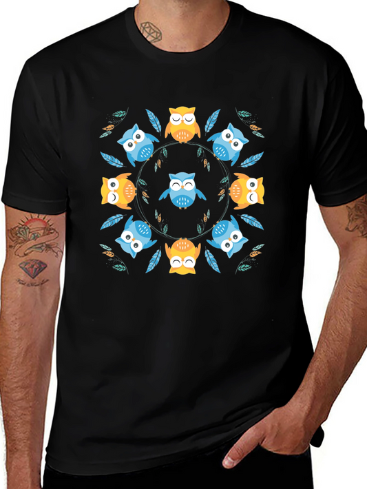 Cute Owl Circle Print Black T-Shirt