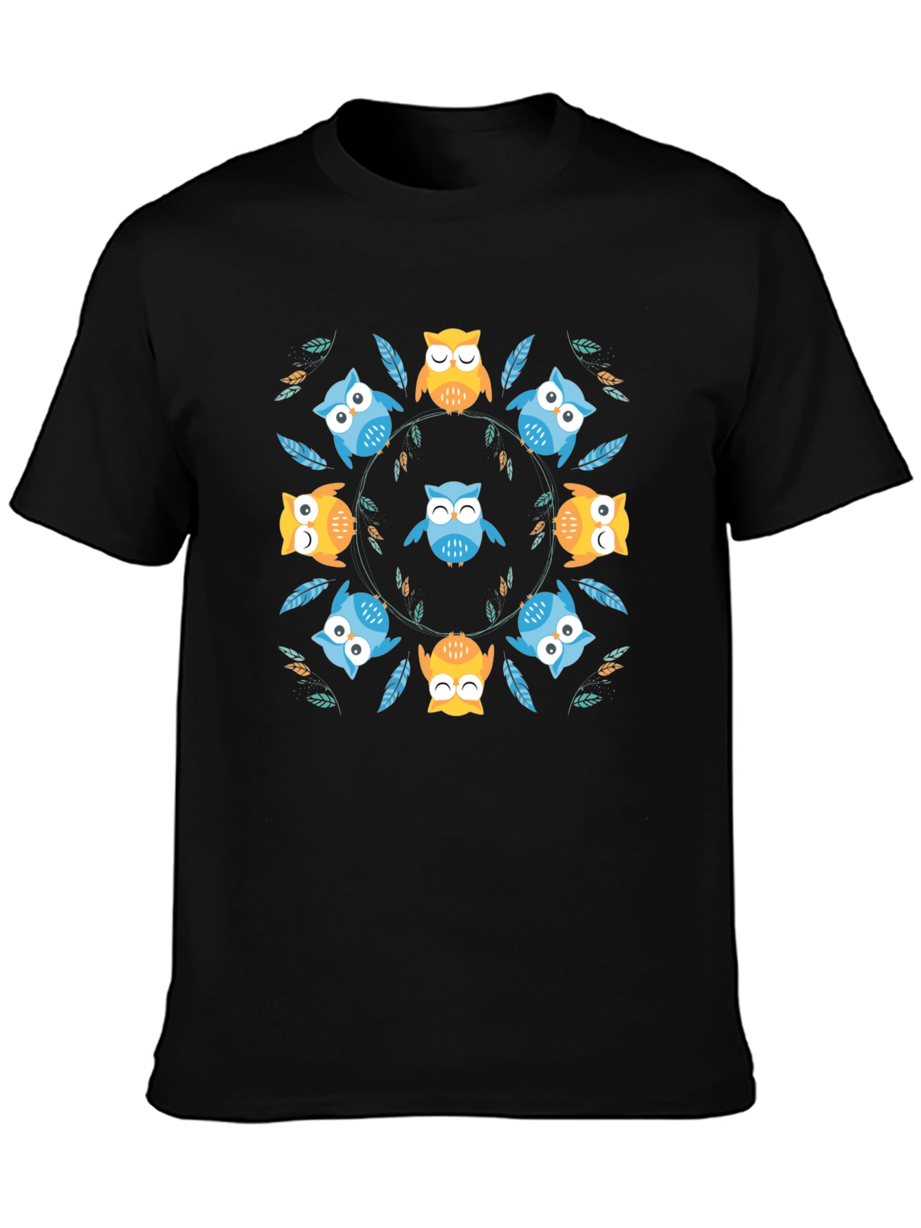 Cute Owl Circle Print Black T-Shirt