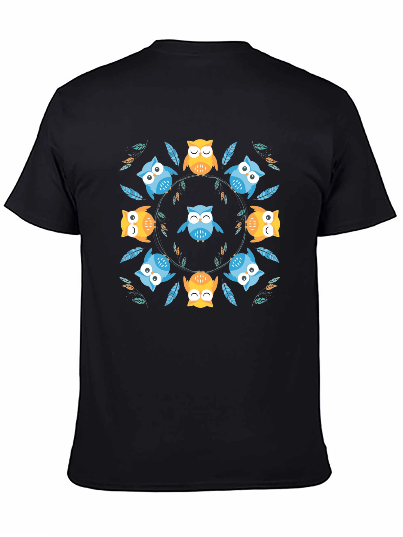 Cute Owl Circle Print Black T-Shirt