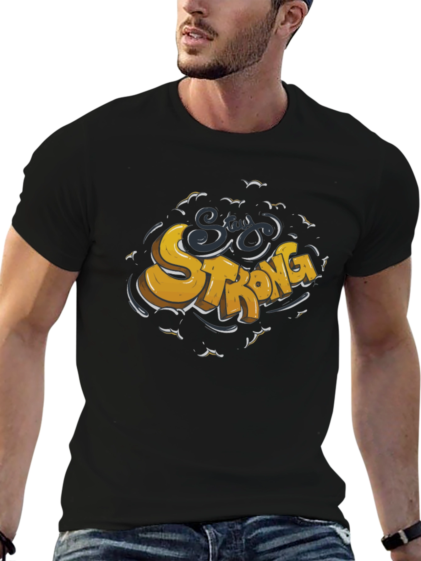 Stay Strong Graphic Tee - Black Crew Neck T-Shirt