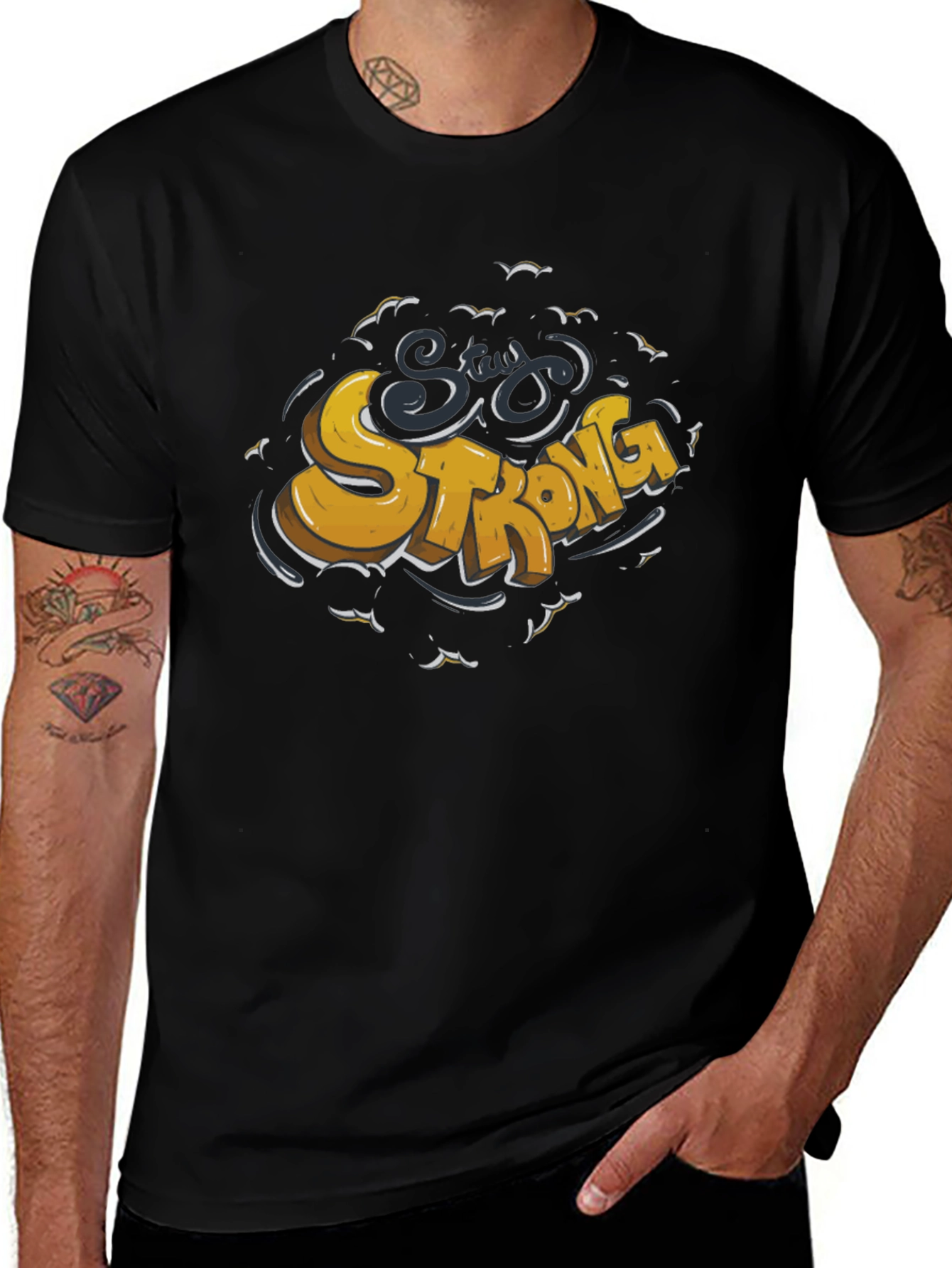 Stay Strong Graphic Tee - Black Crew Neck T-Shirt