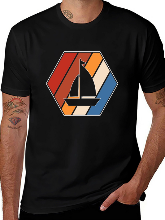 Retro Sailboat Graphic Tee - Black Cotton T-Shirt