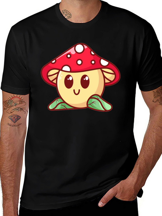 Mushroom Graphic Black T-Shirt - Cute Cartoon Design