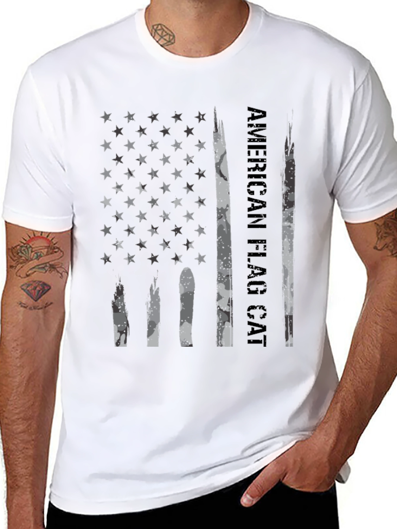 American Flag Cat T-Shirt Black Graphic Tee
