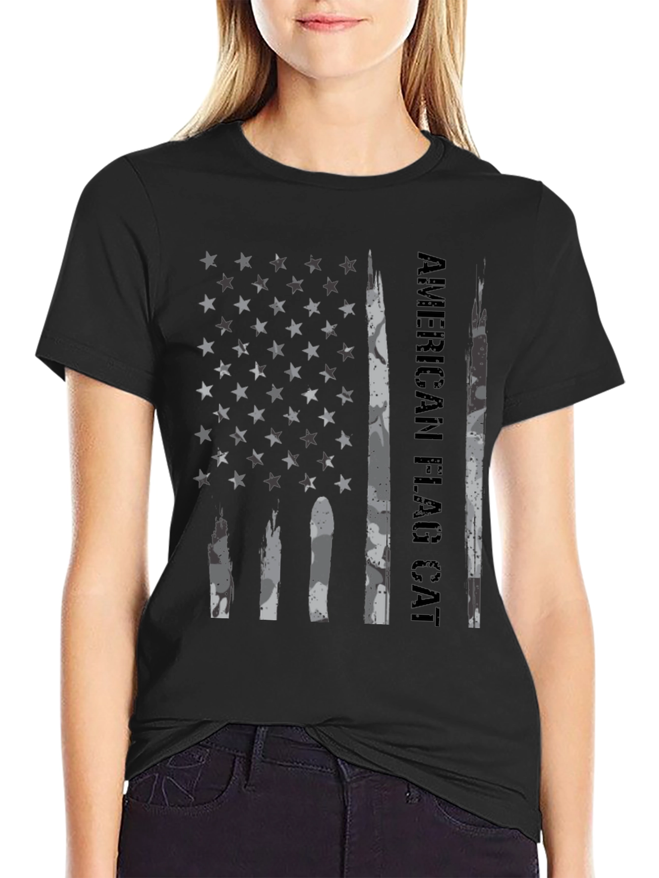 American Flag Cat T-Shirt Black Graphic Tee