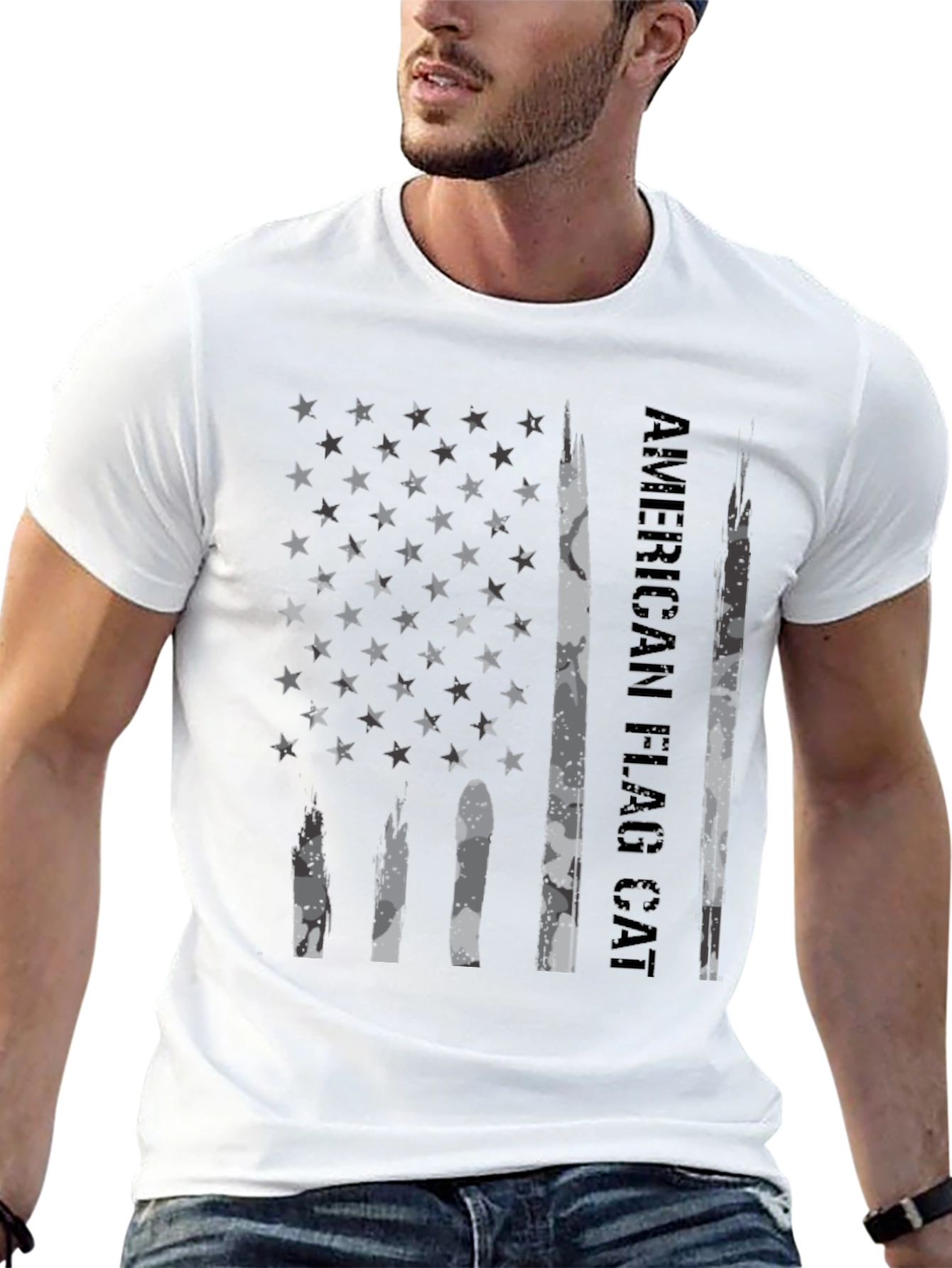 American Flag Cat T-Shirt Black Graphic Tee