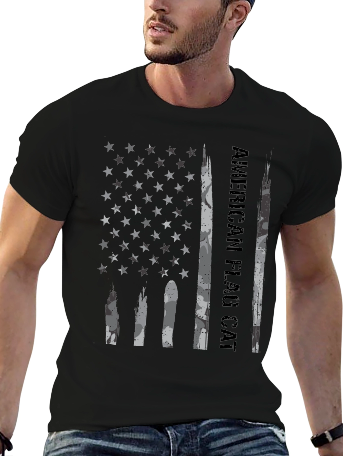 American Flag Cat T-Shirt Black Graphic Tee