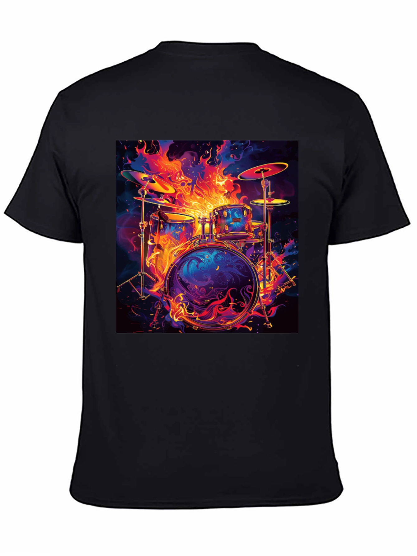 Fiery Drum Set Graphic Tee - Black Cotton T-Shirt