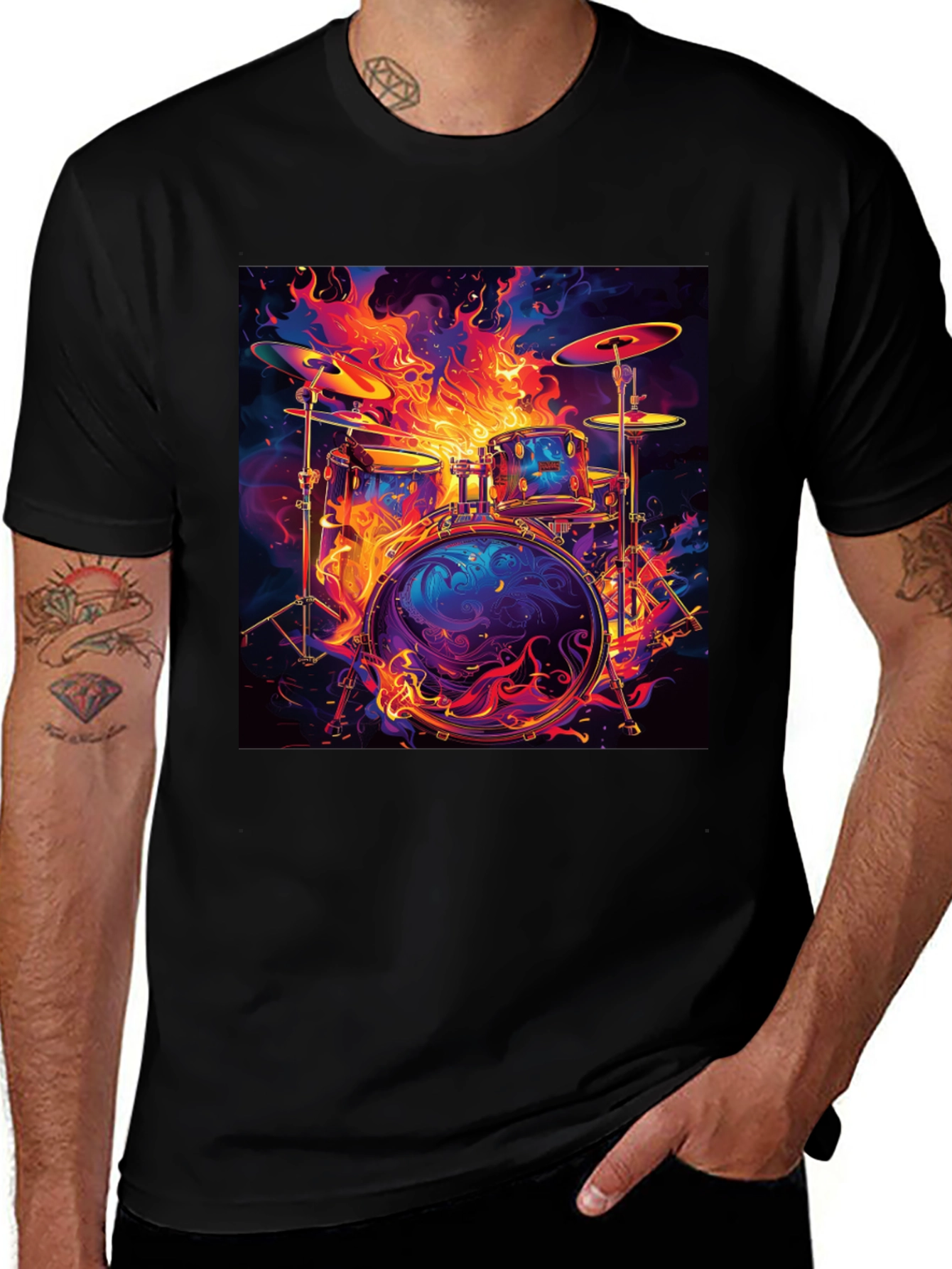 Fiery Drum Set Graphic Tee - Black Cotton T-Shirt