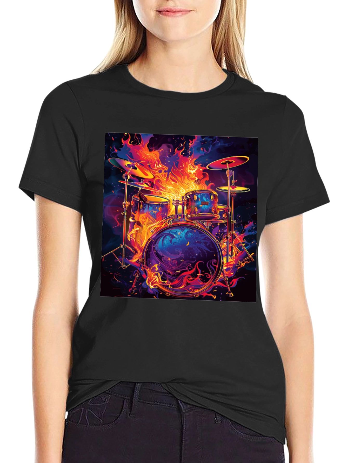 Fiery Drum Set Graphic Tee - Black Cotton T-Shirt