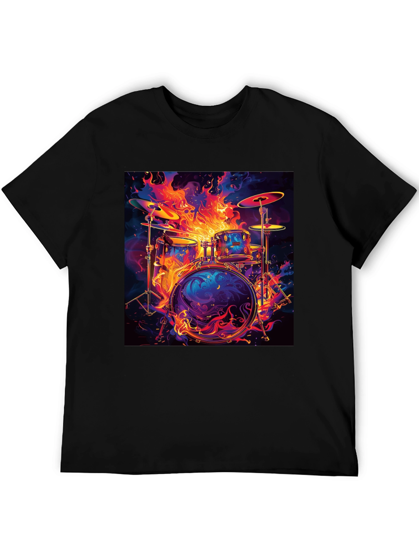 Fiery Drum Set Graphic Tee - Black Cotton T-Shirt