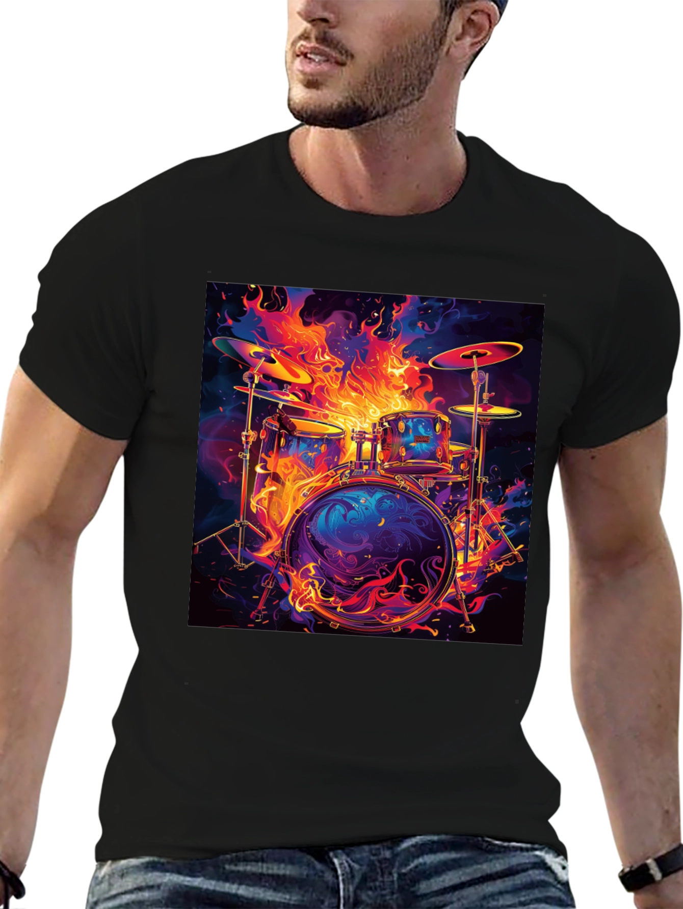 Fiery Drum Set Graphic Tee - Black Cotton T-Shirt
