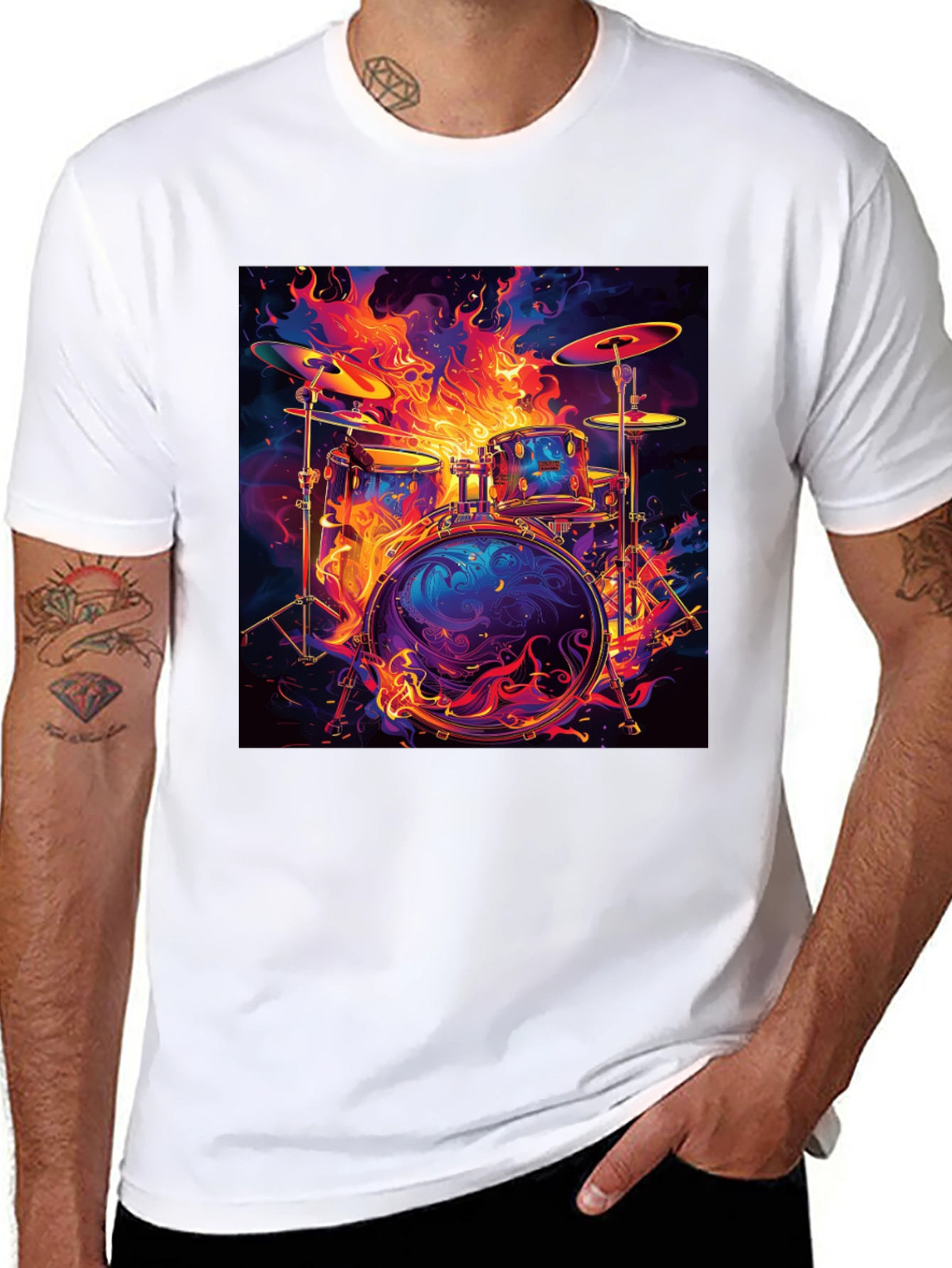 Fiery Drum Set Graphic Tee - Black Cotton T-Shirt