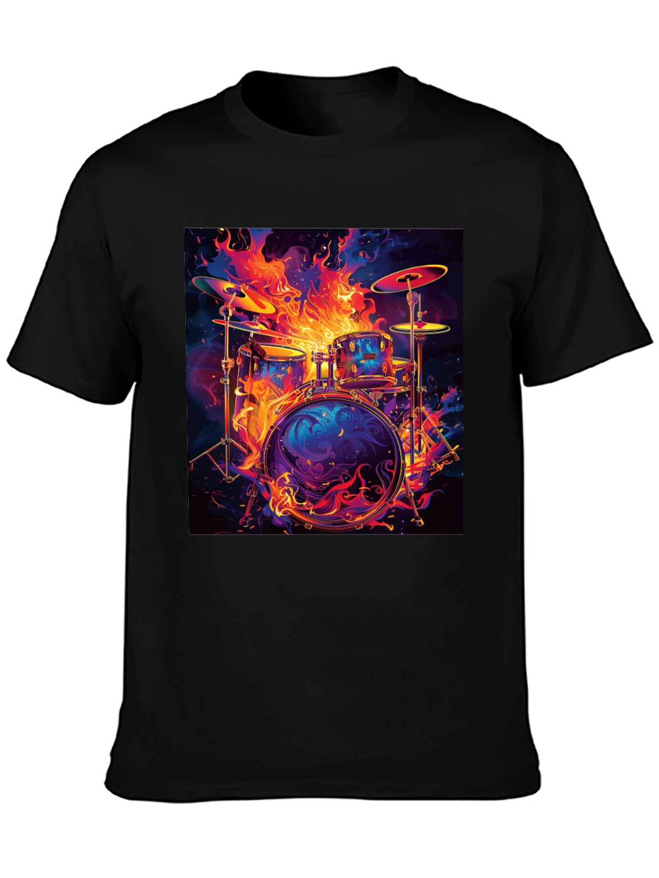 Fiery Drum Set Graphic Tee - Black Cotton T-Shirt