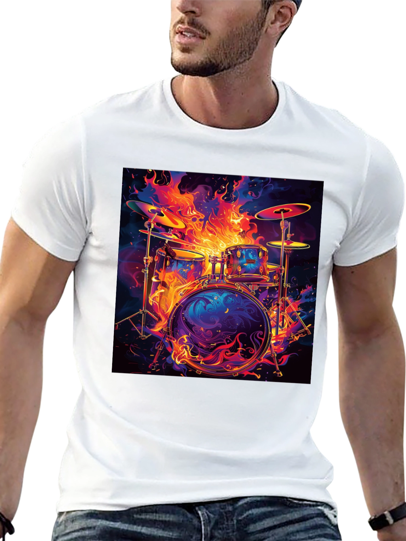Fiery Drum Set Graphic Tee - Black Cotton T-Shirt